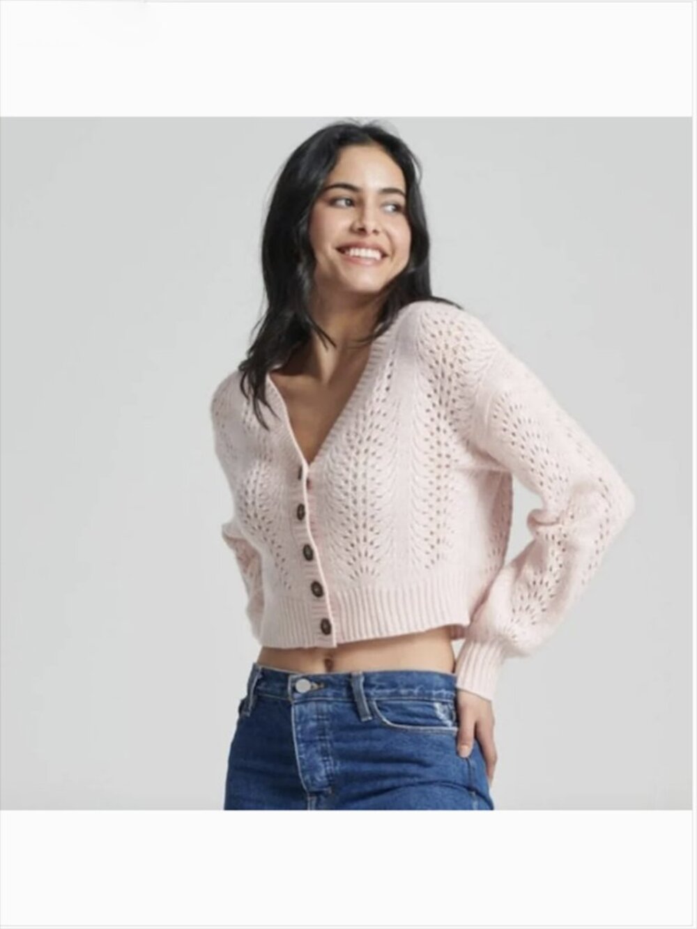 NAADAM Womens Lace Pointelle Cropped Cardigan Small Pink Long Sleeve Open-Knit